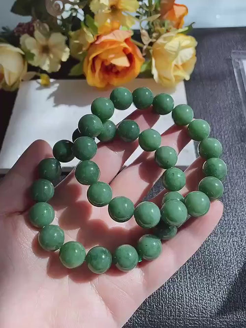 Certifeid Deep Green Jade Bracelet ,12mm Green Jade Bracelet , Natural Nephrite Beads, Minimalist Luxury Jewelry, Certified Jade Gift