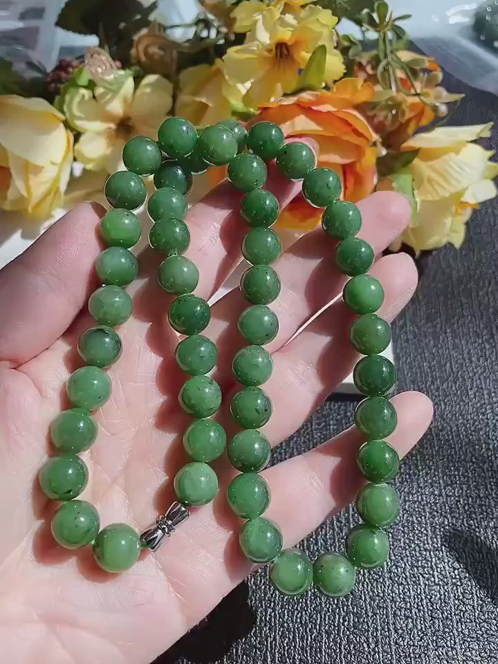 Certified Natural Green Jade 10mm Necklace, Deep Green Beaded Jade Necklace, Minimalist Jade Chain, 10mm Nephrite Green Jade