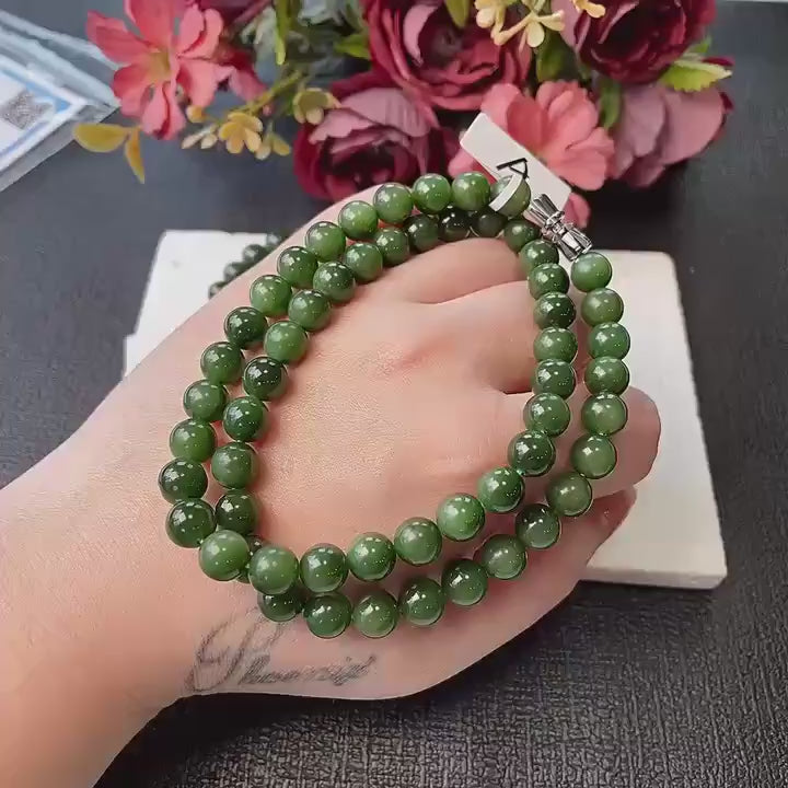 Certified Natural Deep Green Jade Bead Necklace ,8mm Beaded Jade Chain, Nephrite Jade Necklace, 18” Length,Real Jade Necklace