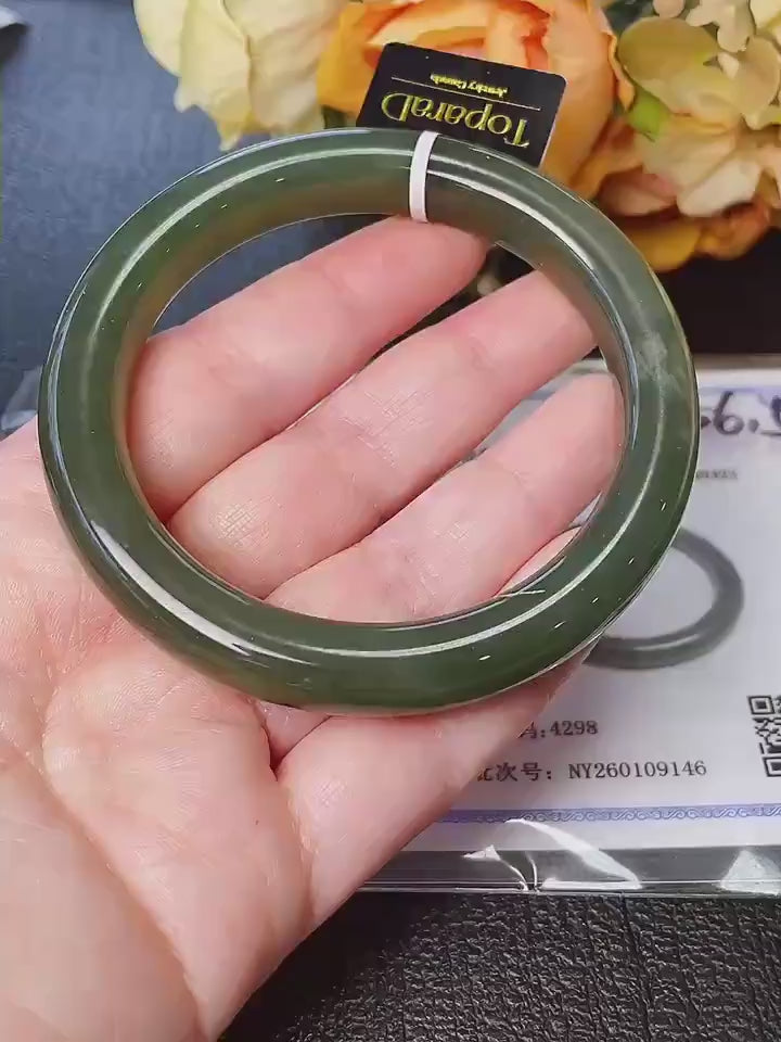 Certified Natural Green Jade Bangle , Iced Lake Green Nephrite Jade Bangle , 56.5mm Size Jade Bangle Bracelet