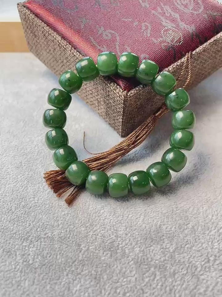Certified Natural Green Jade Bracelet, 12MM Nephrite Jade Bracelet, Rich Green Jade