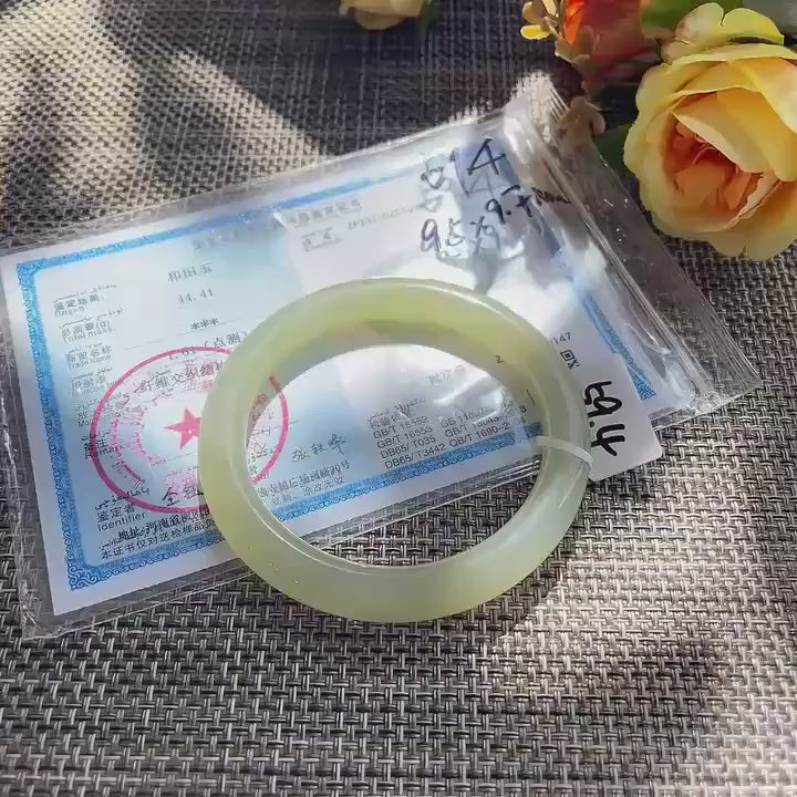 Natural Icy Celadon Nephrite Jade Bangle Bracelet , Translucent Fine Jade Bracelet , 59.4mm Round Jade Bangle , Gift for Her