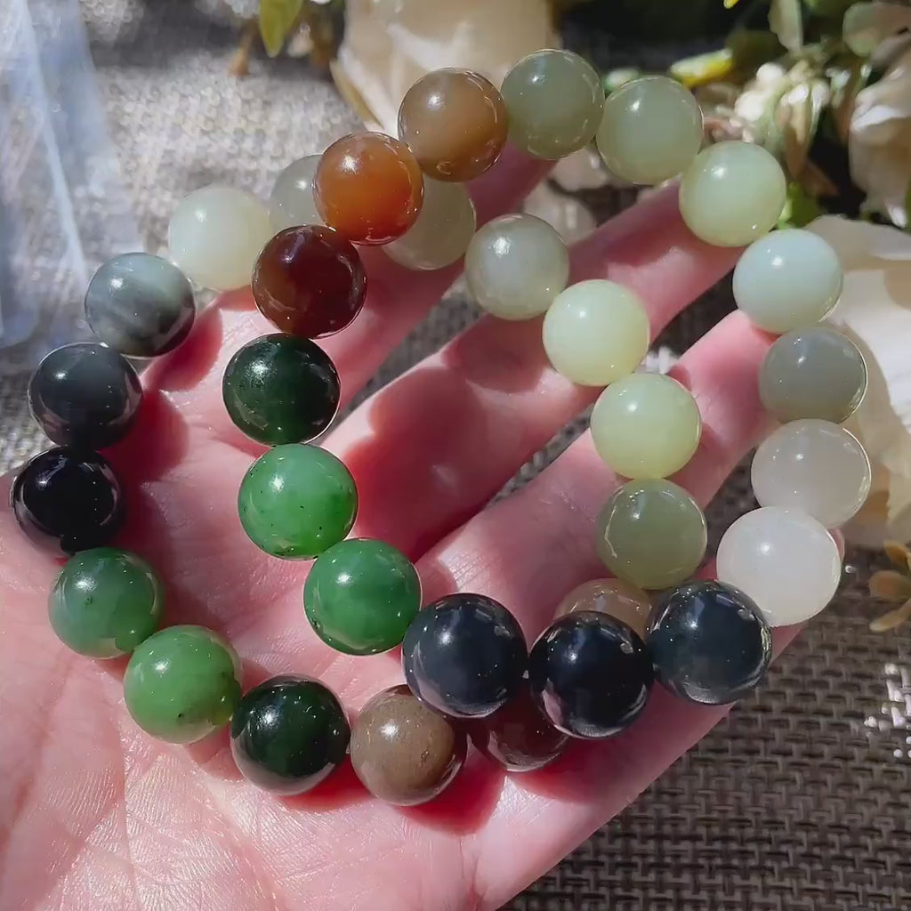 Natural Multicolor Nephrite Jade Beaded Bracelet 12mm | Certified Jade Gemstone Stretch Bracelet | Unisex Lucky Stone Gift