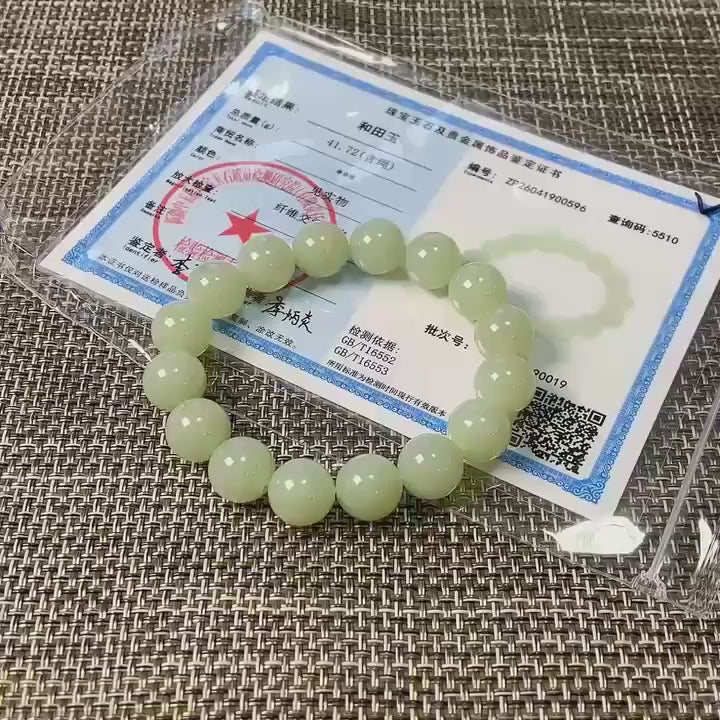 Certified Natural Light Peppermint Green Nephrite Jade Bracelet , 11.5-12mm Round Beads , Certified Jade Bracelet, Soft Mint Green Jade