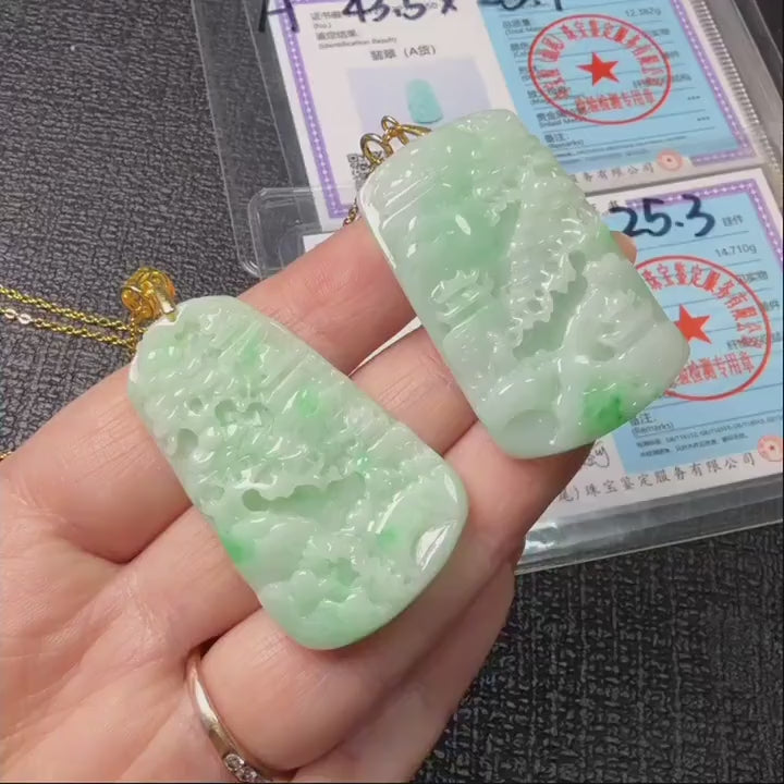 Certified Natural Jadeite Landscape Pendant Necklace (Grade A), Green Jadeite Pendent Necklace
