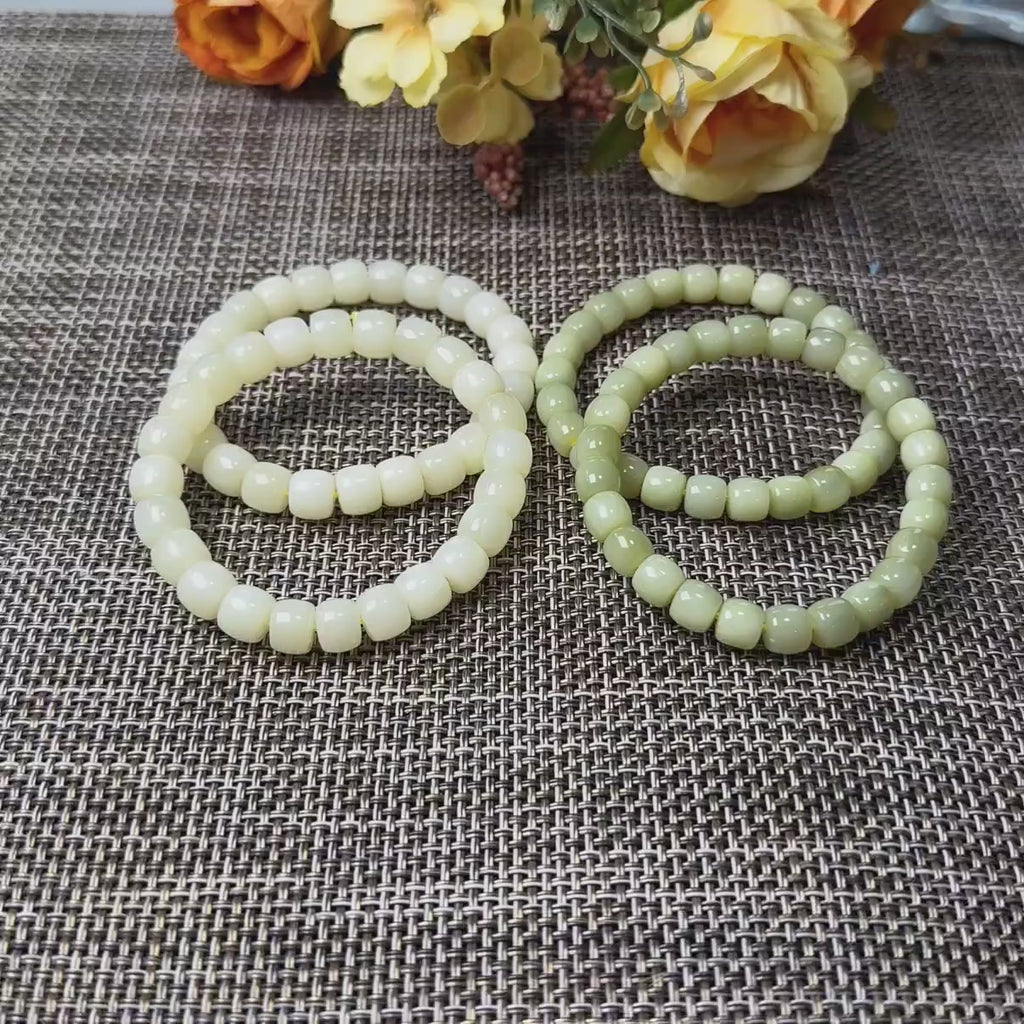 Natural Yellow Jade Barrel Bead Bracelet | Certified Yellow Jade Bracelet | Genuine Jade Stretch Bracelet | Minimalist Everyday Jewelry
