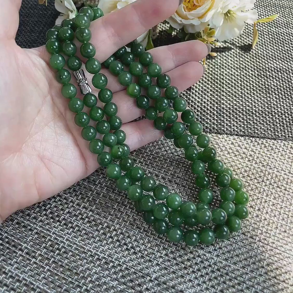 Natural Nephrite Jade Long Necklace | 36" Spinach Green Beaded Necklace | 8mm Round Jade Beads | Certified Real Jade Chain Necklace