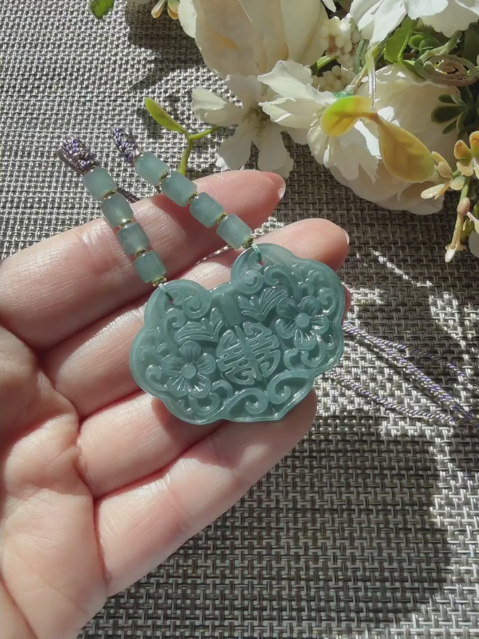 Natural Blue Water Jadeite Necklace, Carved Floral Jadeite Lock Pendant,  Longevity Lock, Adjustable Jade Necklace, Certified Jadeite Gift