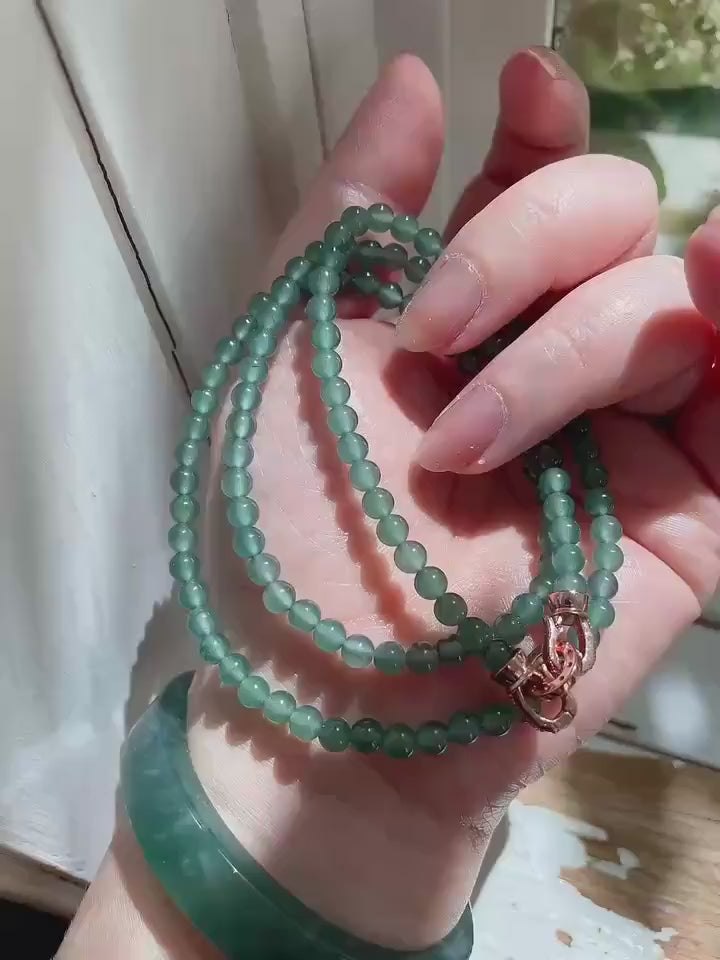 Natural Blue Jadeite Necklace ，4mm Beads 23" Long Chain，Slim Icy Translucent Jadeite Necklace ，A Grade Jade，Minimalist Jade Gift for Her
