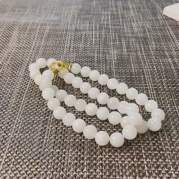 Natural White Jade 10mm Necklace, Creamy White Beaded Jade Necklace, Certified Minimalist Jade Chain, 10mm Nephrite White Jade, Jade Gift