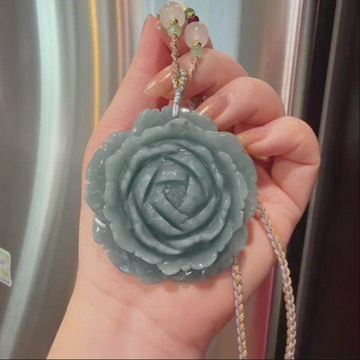 Certified Natural Blue Jadeite Flower Pendent, Large Jadeite Pendent Necklace, Handmade Jade Pendent