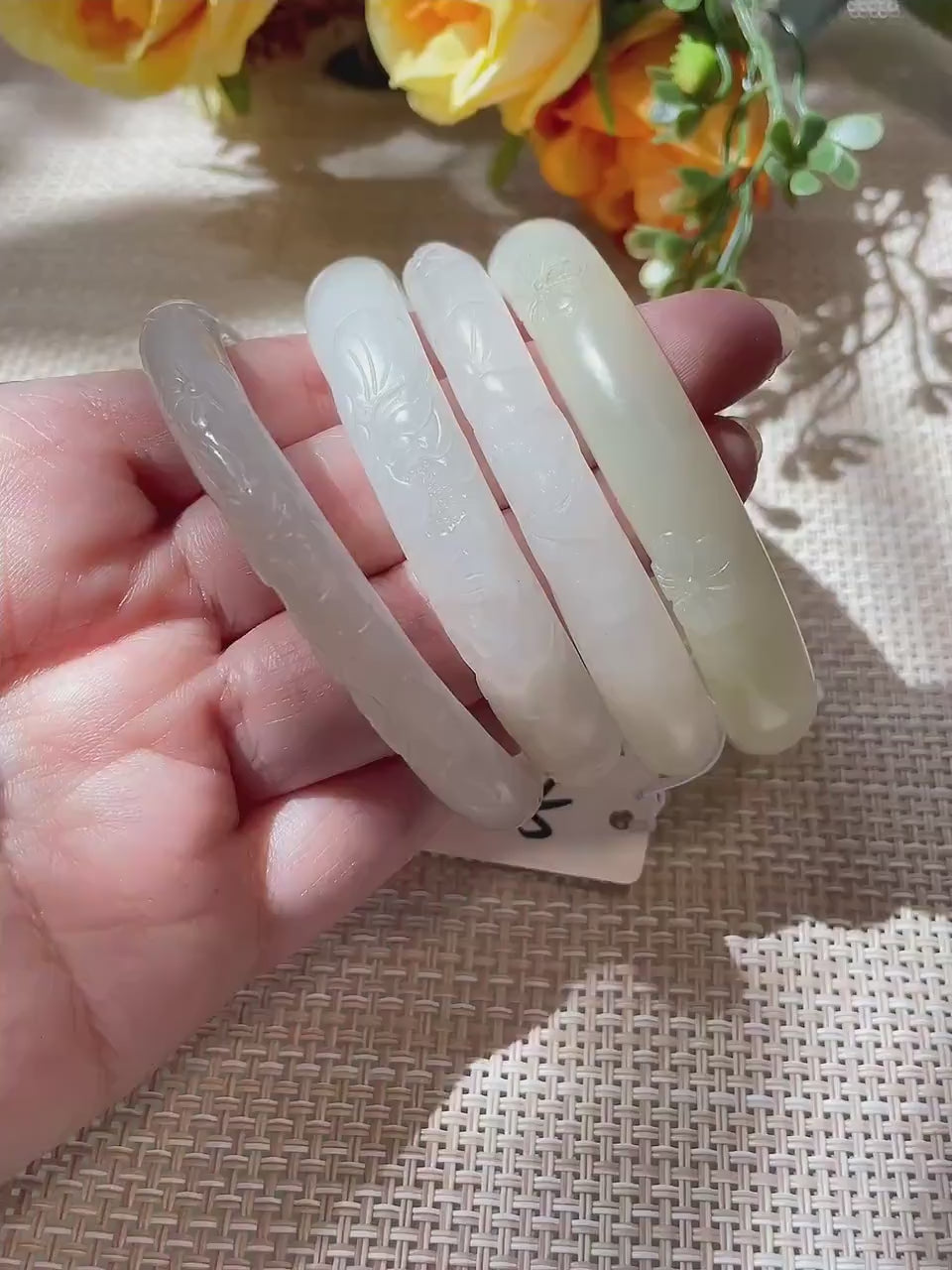Deal! Natural White Green Jade Carved Bangle | Floral Jade Bracelet | Round Bangle | Small Size Jade Jewelry | Handmade Gemstone Bracelet