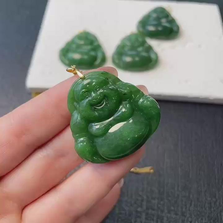 Natural Nephrite Jade Laughing Buddha Pendant Necklace, Green Jade Buddha Pendent, Rich Green Jade
