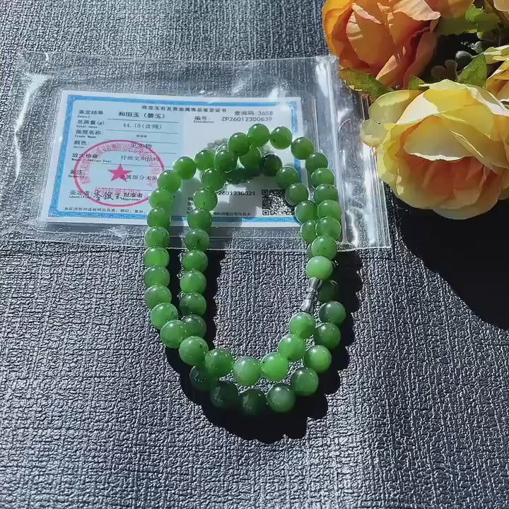 Certified Natural Green Jade Bead Necklace ,8mm Beaded Jade Chain, Nephrite Jade Necklace, 18” Length,Real Jade Necklace