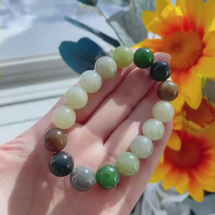 Natural Multicolor Jade Bracelet 12mm Beads , Genuine Jade Round Bead Bracelet ,Statement Chunky Jade Jewelry ,Gift for Her