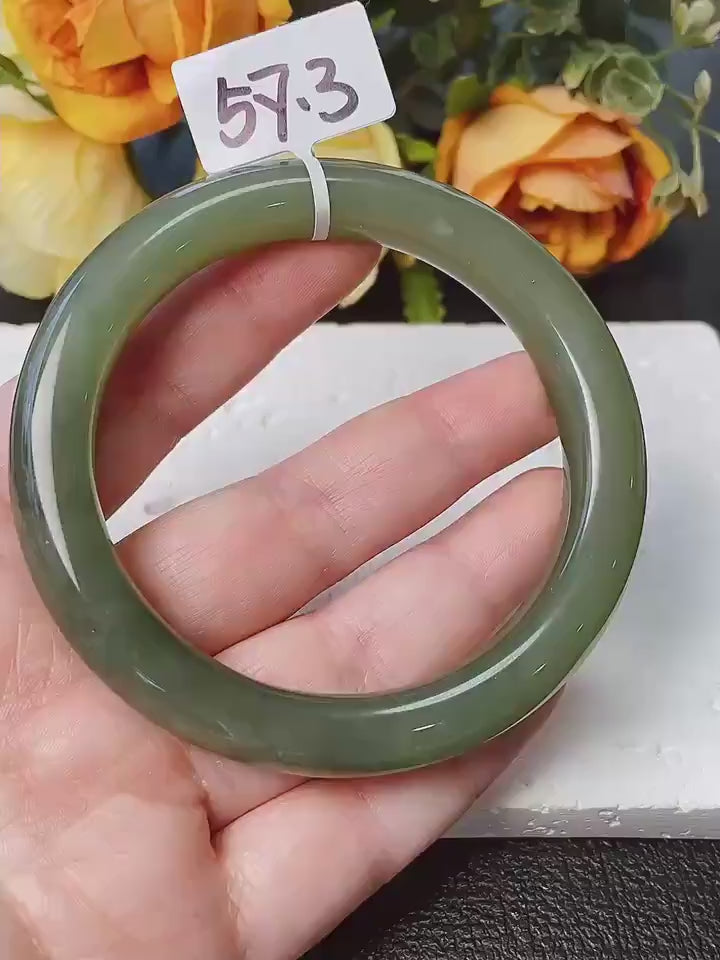 Certified Natural Green Jade Bangle , Iced Lake Green Nephrite Jade Bangle , 57-58mm Size Jade Bangle Bracelet