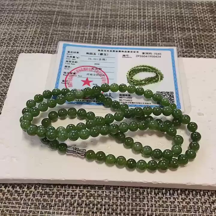 Certified Natural Moss Green Jade Bead Necklace , 6mm Beaded Long Chain 25” Length, Real Green Jade, Nephrite Jade Necklace, Minimalist Jade