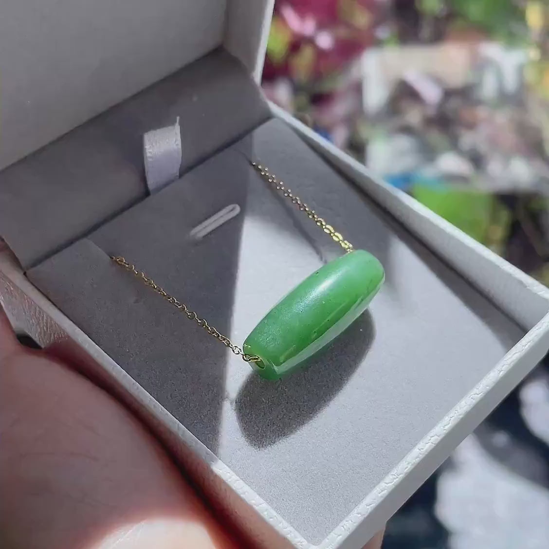 Natural Nephrite Jade Barrel Bead Necklace, Green Jade Tube Pendant, Minimalist 18K Gold Plated Chain, Certified Jade Gift