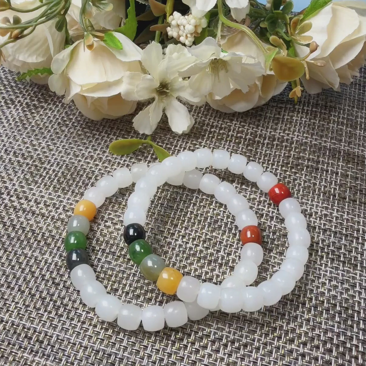 Natural Nephrite Jade & Agate Bracelet, Multi Color Jade Bracelet, 8-8.5mm Barrel Beads, Certificate, Jade Jewelry
