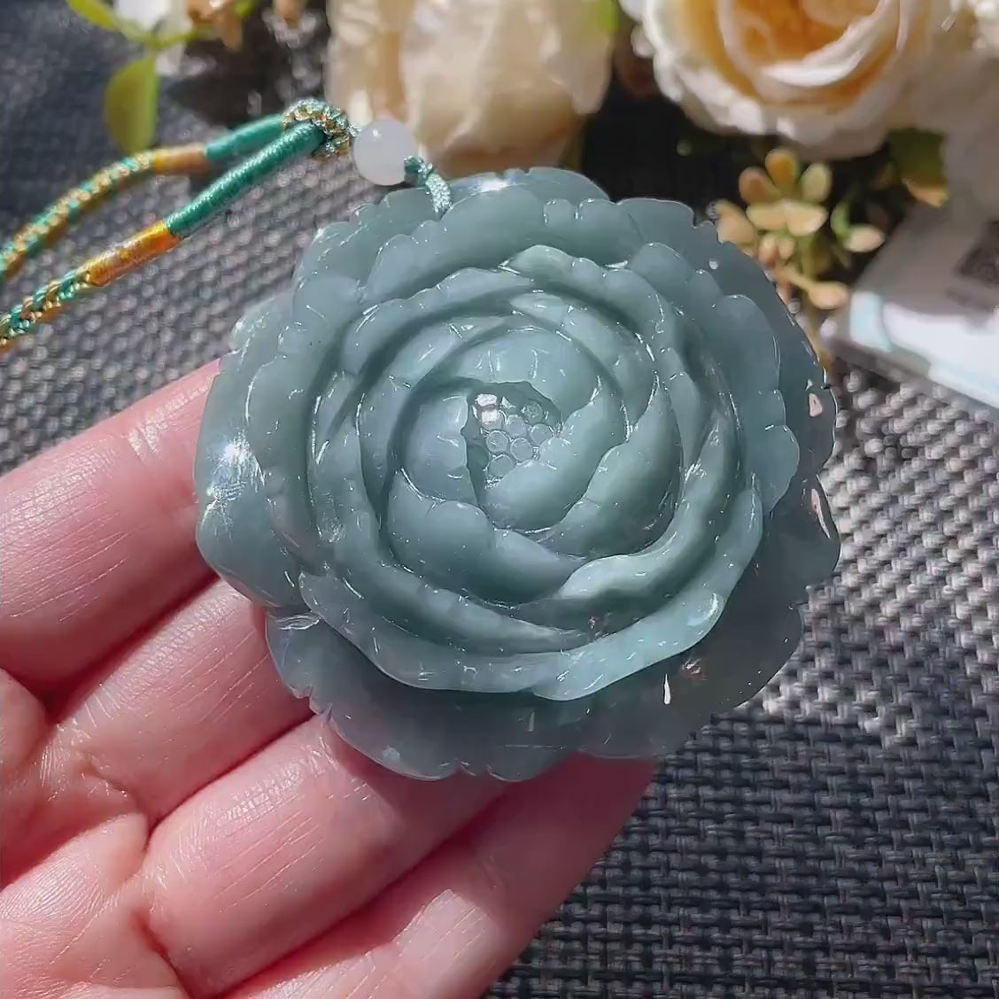 Natural Blue Green Jadeite Rose Pendant Necklace, Hand Carved Flower Jade Pendant, Large Jade Necklace, Adjustable Cord, Gift for Her
