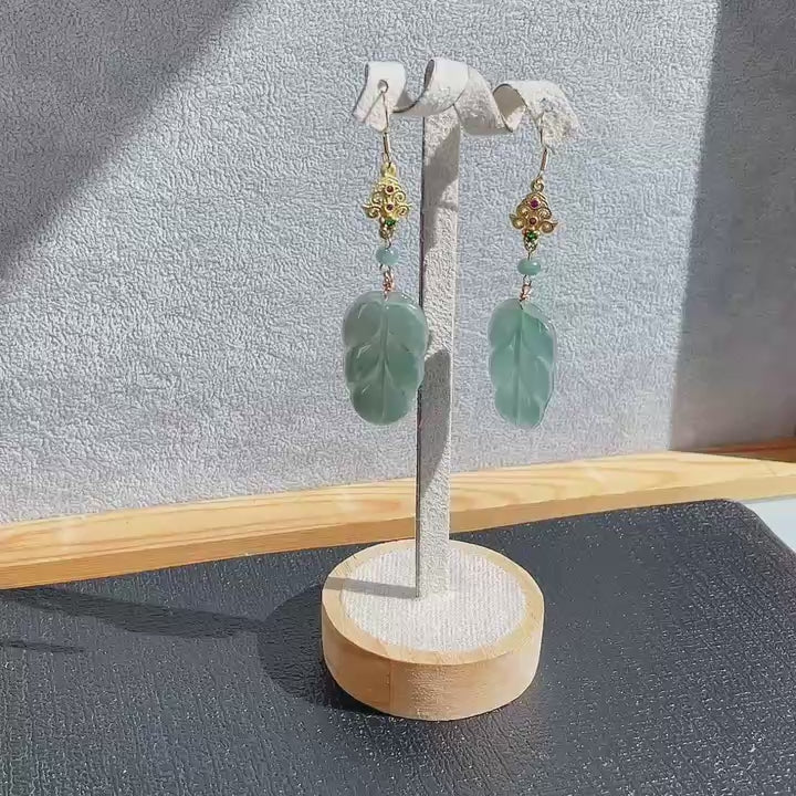 Certified Blue Jadeite Leaf Earrings, Grade A Jadeite Earrings, Natural Jadeite Earrings