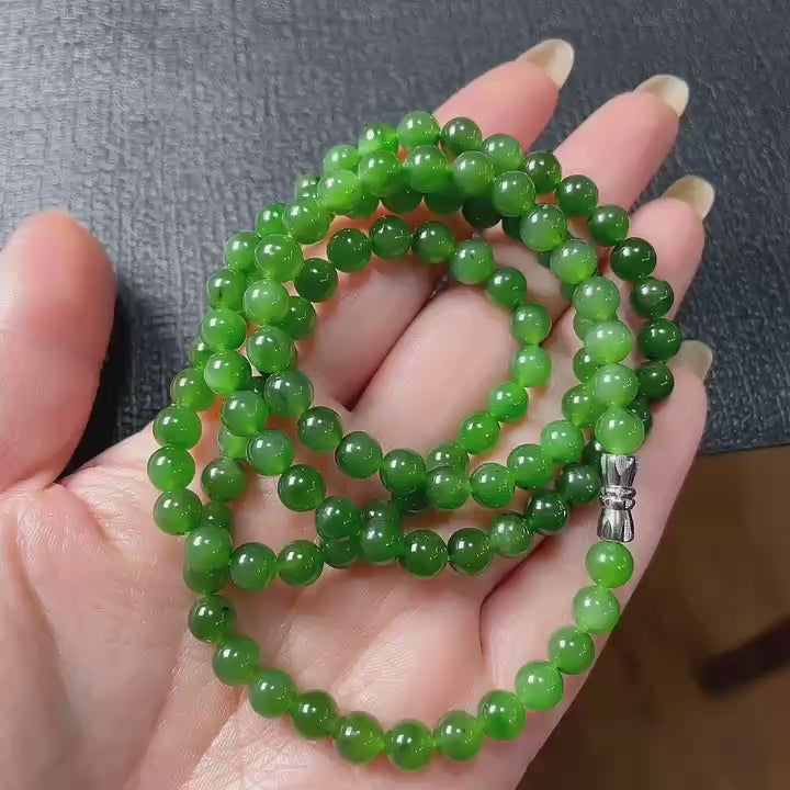Certified Natural Green Jade Bead Necklace , 6mm Beaded Long Chain 25” Length, Rich Green Jade, Nephrite Jade