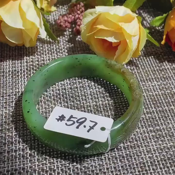 Certified Natural Nephrite Jade Bangle Bracelet ,Wide Carved Jade Bangle, Size 59.7mm , Light Green Jade, Handmade Jewelry Gift, One of kind