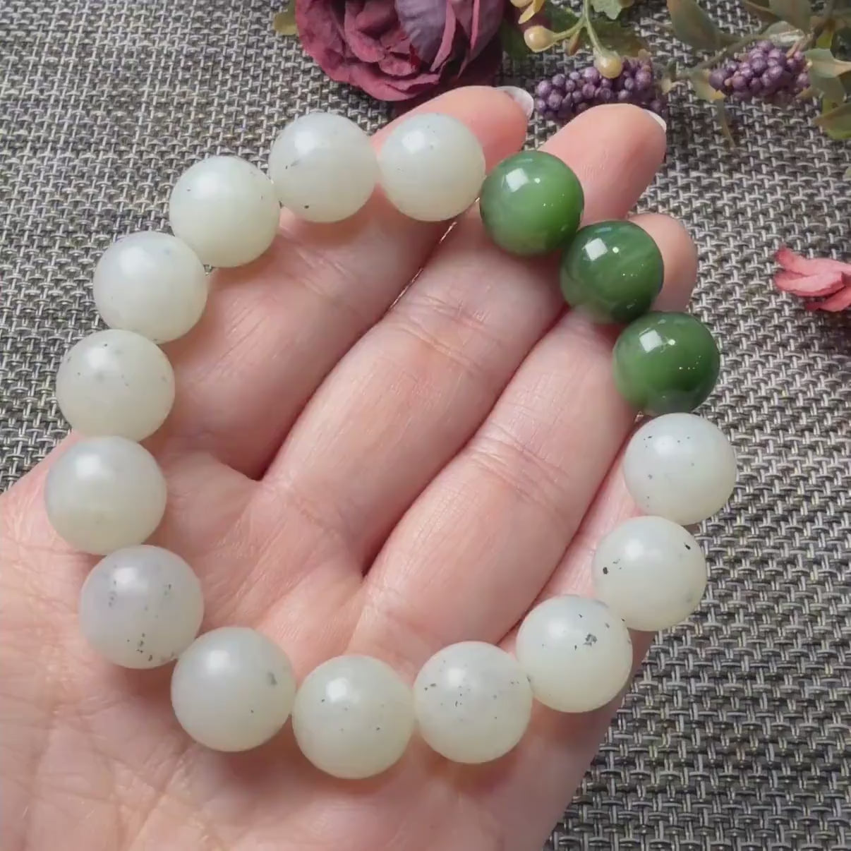 Natural White Nephrite Jade Bracelet, 12mm Ink Spot Jade Beads, White and Green Jade Bracelet, Genuine Jade Jewelry, One of a Kind