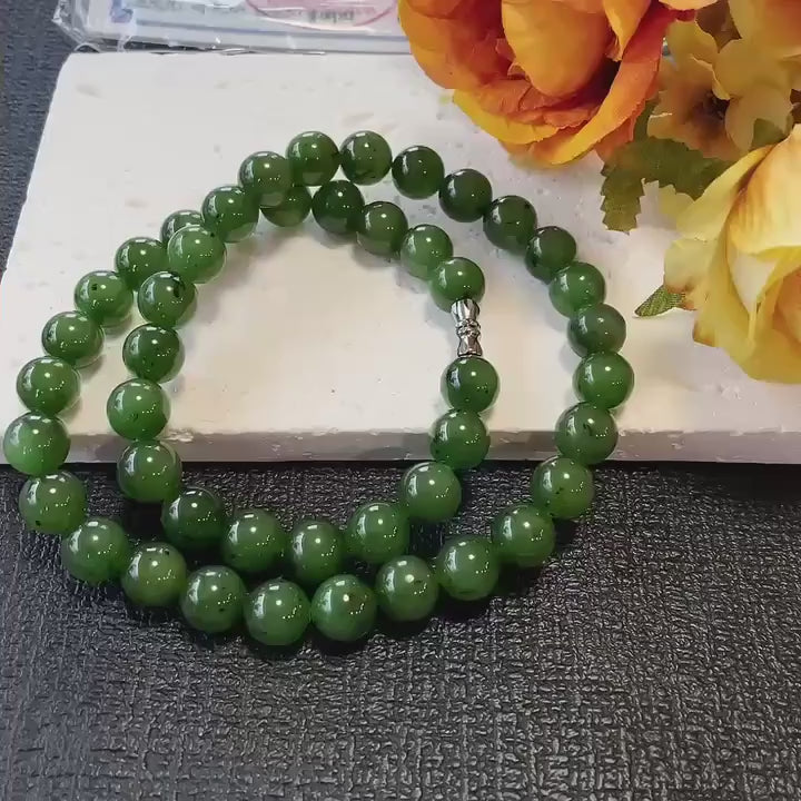 Certified Natural Green Jade 10mm Necklace, Rich Green Beaded Jade Necklace, Minimalist Jade Chain, 10mm Nephrite Green Jade