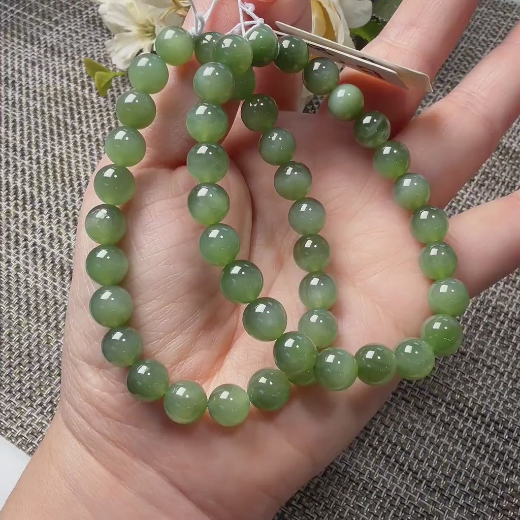 Certified 8mm Natural Green Nephrite Jade Bracelet, Icy Translucent Jade Beads, Subtle Cat Eye Effect, One of a Kind