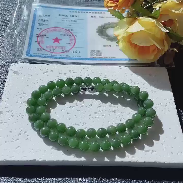 Certified Natural Green Jade Bead Necklace ,8mm Beaded Dark Green Jade Chain, Nephrite Jade Necklace, 18” Length，Spinach Green Jade