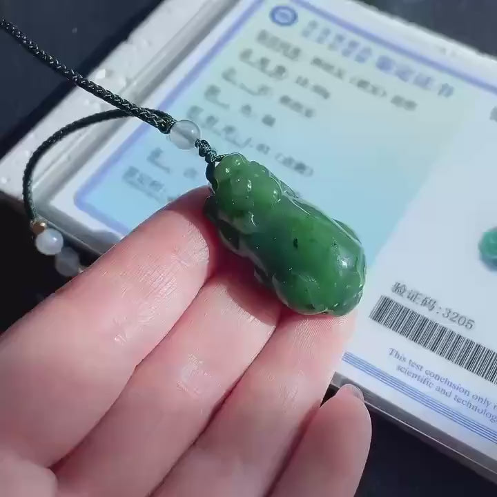 Natural Green Jade Pixiu Pendant Necklace, Hand Carved Jade Pi Xiu Charm, Adjustable Cord Necklace, Lucky Wealth Amulet, Jade Gift