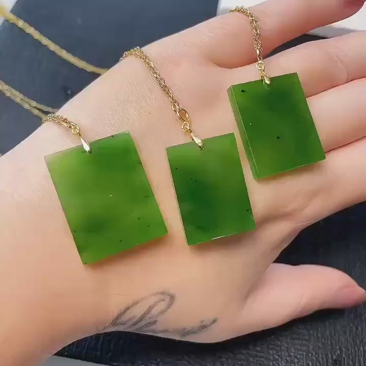 Natural Nephrite Jade Rectangle Pendant Necklace, Green Jade Tag Pendent, Lucky Jade Pendent Necklace