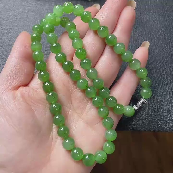 Certified Natural Green Jade Bead Necklace ,8mm Beaded Jade Chain, Nephrite Jade Necklace, 18” Length
