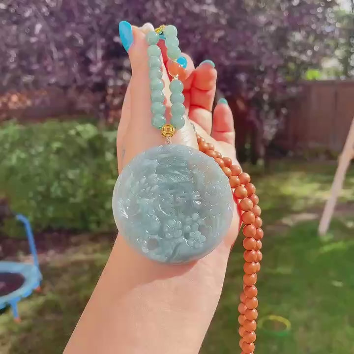 Certified Jadeite  Phoenix & Peony Pendant Necklace, Natural Grade A Blue Jadeite Pendent, Large Jadeite Pendent