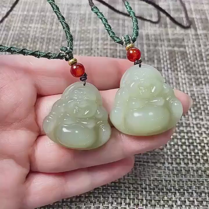 Natural Icy Spring Water Jade Buddha Pendant , Certified Hand-Carved Nephrite Jade Laughing Buddha Necklace, One of a Kind, Jade Jewelry