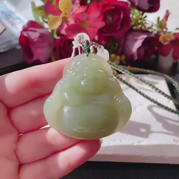 Natural Spring Green Jade Buddha Pendant Necklace | Large Laughing Buddha Jade | Adjustable Cord 26" | Certified Jade Gift