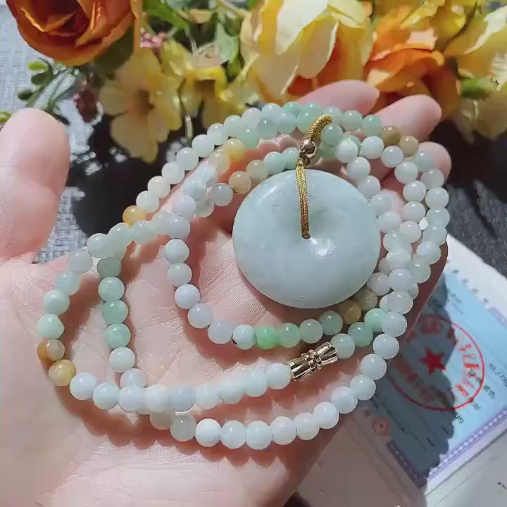 Natural Jadeite Necklace ,Mint Green Donut with Multi-Color Beads,Natural Jade Gift