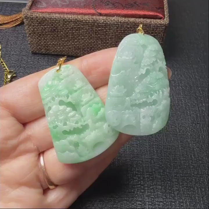 Certified Natural Jadeite ,Landscape Pendant Necklace (Grade A), Green Jadeite Pendent Necklace, Real Jadeite Tag Pendent