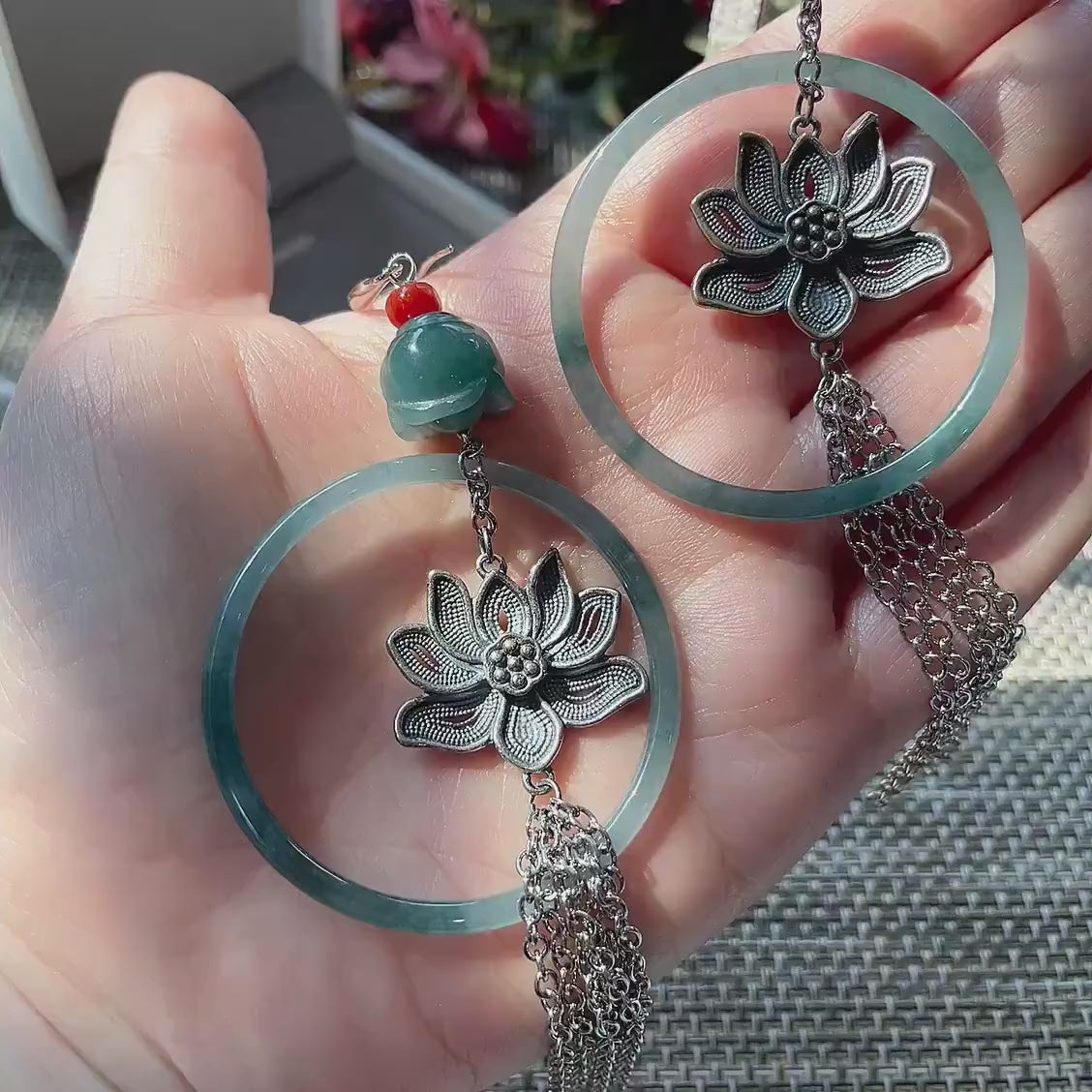 Natural Blue Jadeite Long Tassel Earrings, Floral Jade Dangle Earrings, Silver Filled Statement Earrings, Large Hoop Earrings