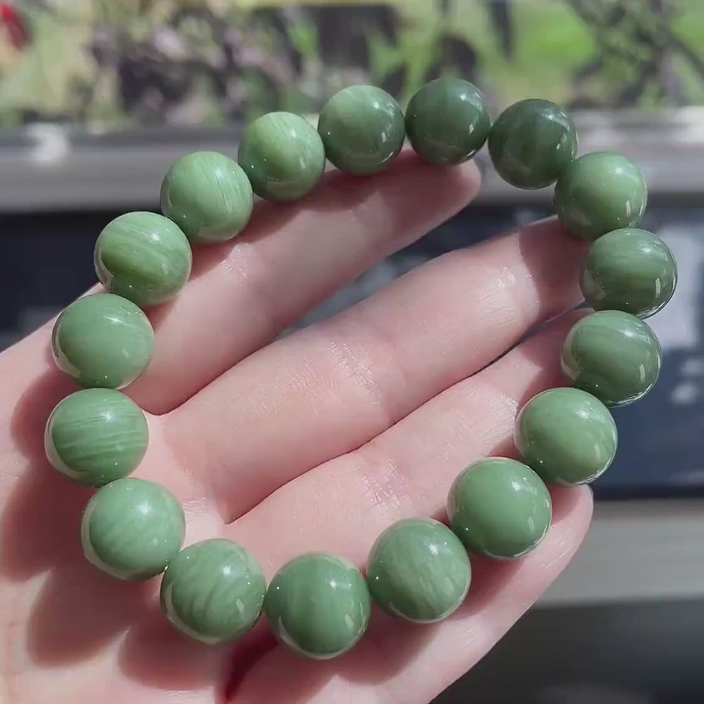 Natural Matcha Green Nephrite Jade Bracelet | 12mm Creamy Green Round Beads | Certified Jade | Unisex Gift