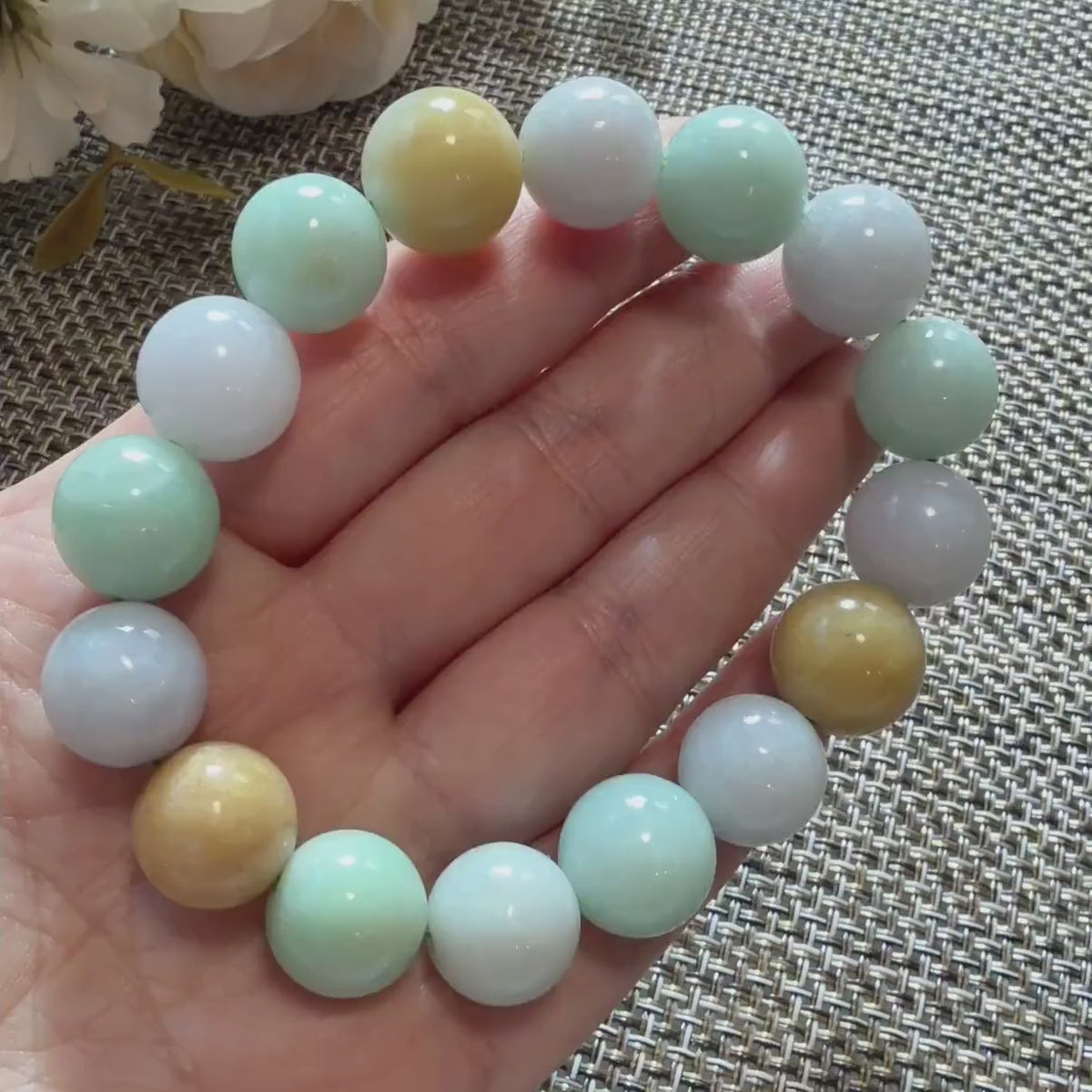 Natural Jadeite Jade Bracelet, 12.5-13mm Large Beads, Multicolor Macaron Jade Bracelet, Pastel Green Lavender Yellow Jade Jewelry