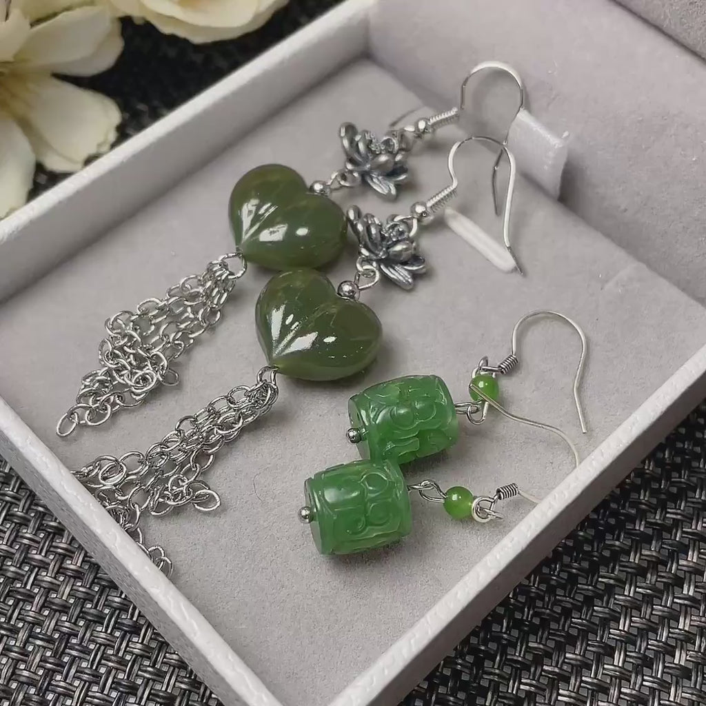 Natural Nephrite Jade Earrings, Green Jade Dangle Earrings, Heart Jade Tassel Earrings, Carved Jade Drop Earrings, Real Jade Gift